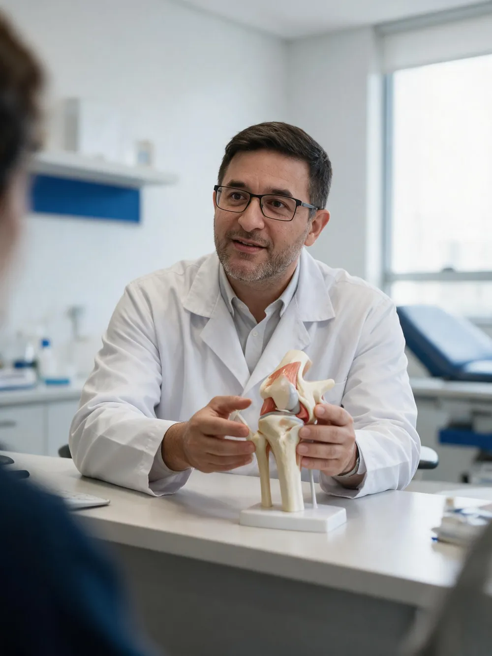 Dr. Guilherme Alvim explicando um modelo anatômico de joelho em consulta