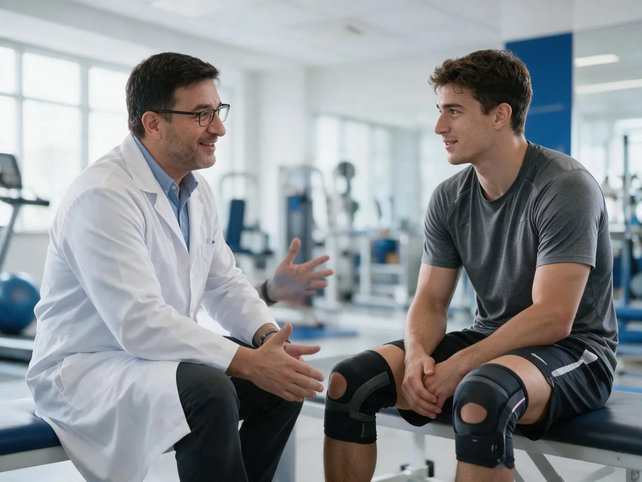 Dr. Guilherme Alvim orientando um atleta com lesão no joelho